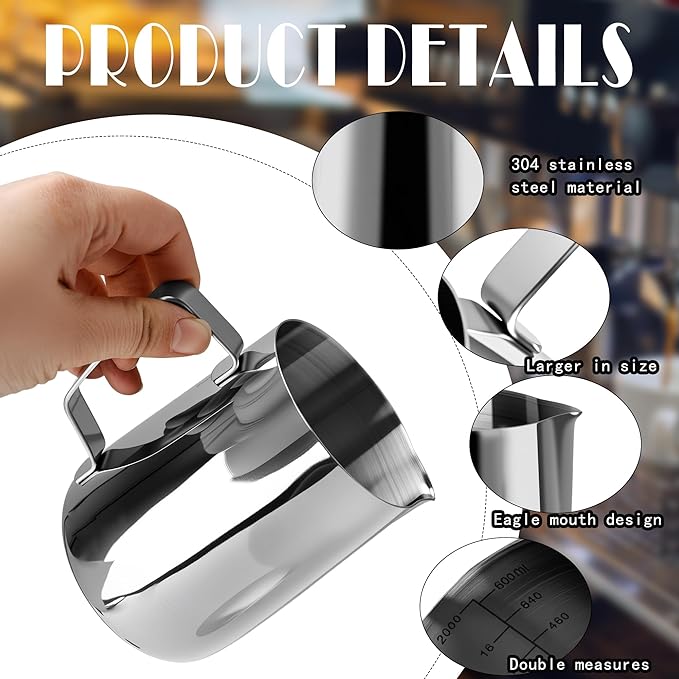 6 Pack Milk Frothing Pitcher Stainless Steel 20 oz Espresso Steaming Pitchers with Handle Milk Frother Cup for Kitchen Coffee Bar Latte Art Hot Chocolate