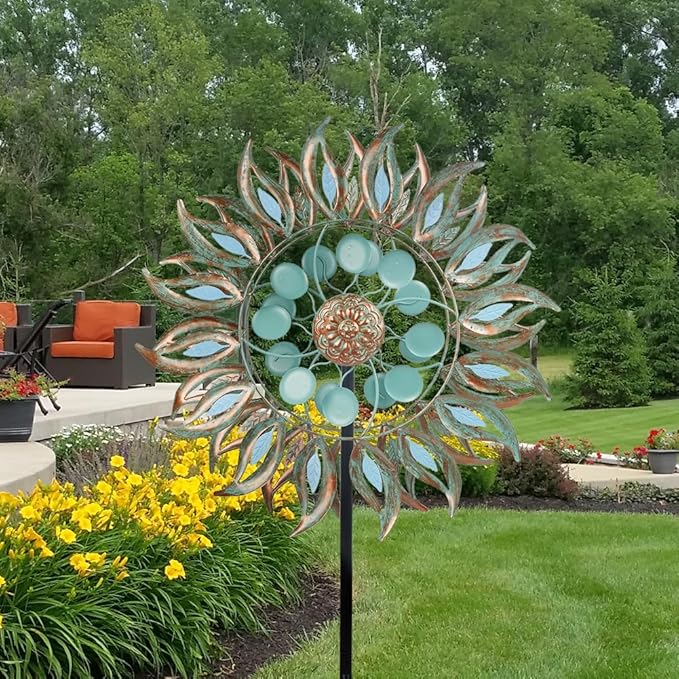 DREAMSOUL 24" Dia Large Wind Spinners Outdoor with 5 Prongs Stake, Metal Kinetic Wind Spinners for Yard and Garden