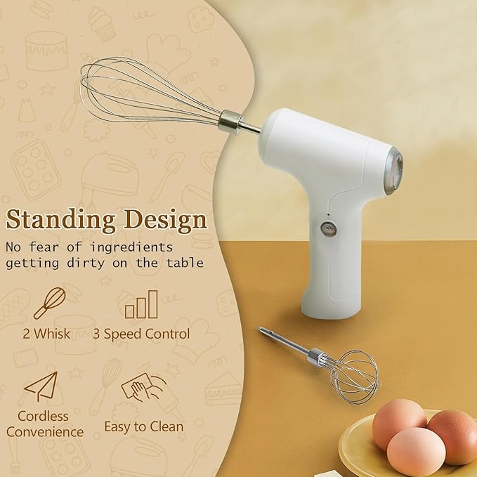 Cordless Hand Mixer, Handheld Electric Whisk with 3 Speed Modes, Hand Held Egg Beater with 2 Detachable Stir Whisks (White Silver)