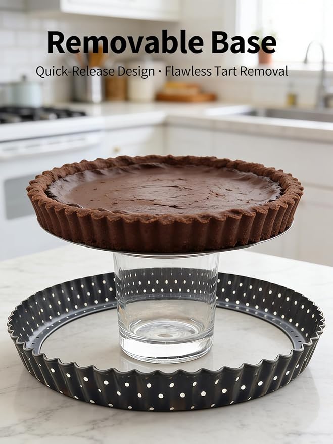 9 Inch Perforated Quiche Pan for Crispy Crust w/Cake Server. Removable Bottom, Non-Stick Coating, Rugged Carbon Steel Dish for Tart Quiche Pie Baking. Gift for Christmas Thanksgiving Party