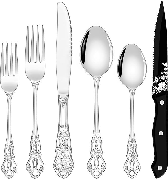24 Pieces Silverware Set for 4, Retro Royal Flatware Set with Stainless Steel Forks Spoons Knives, Mirror Polished Vintage Tableware Cutlery Set for Kitchen/Hotel/Party Utensils Set, Dishwasher Safe