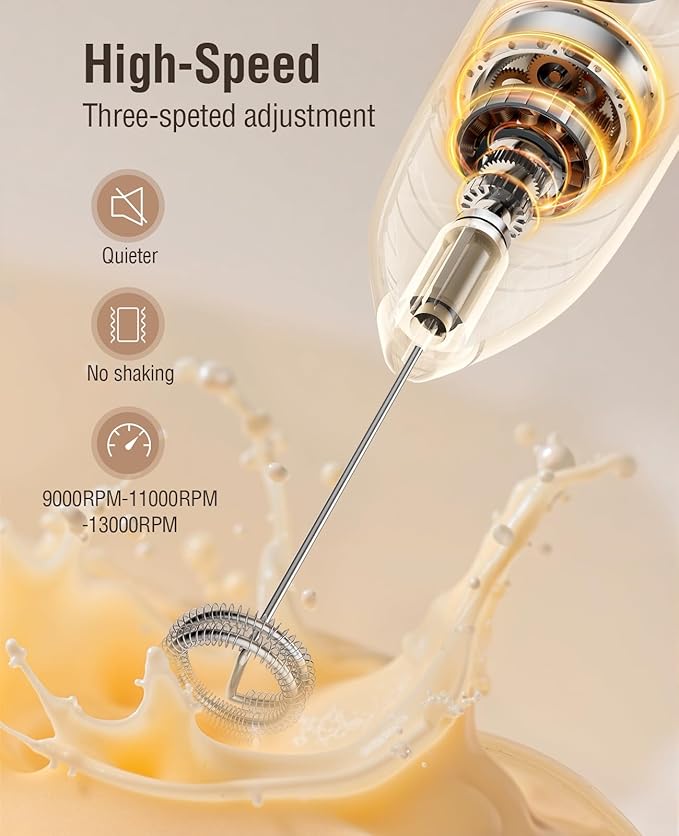 Electric Milk Frother Handheld: Rechargeable 3 in 1 - LED Digital Display with 3 Speeds Portable Stainless Steel Drink Foam Mixer for Milk Coffee, Lattes, Cappuccino, Matcha - Starlight Black