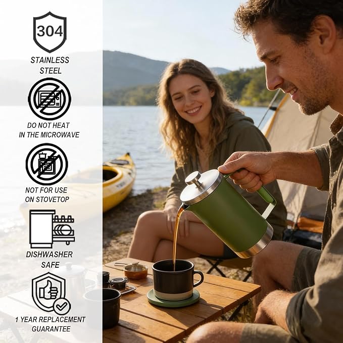 Stainless Steel French Press Coffee Maker 21OZ, 600ml Coffee Press Tea Press for Personal, Office, Travel,Camping (Green, 1-3 Cups)