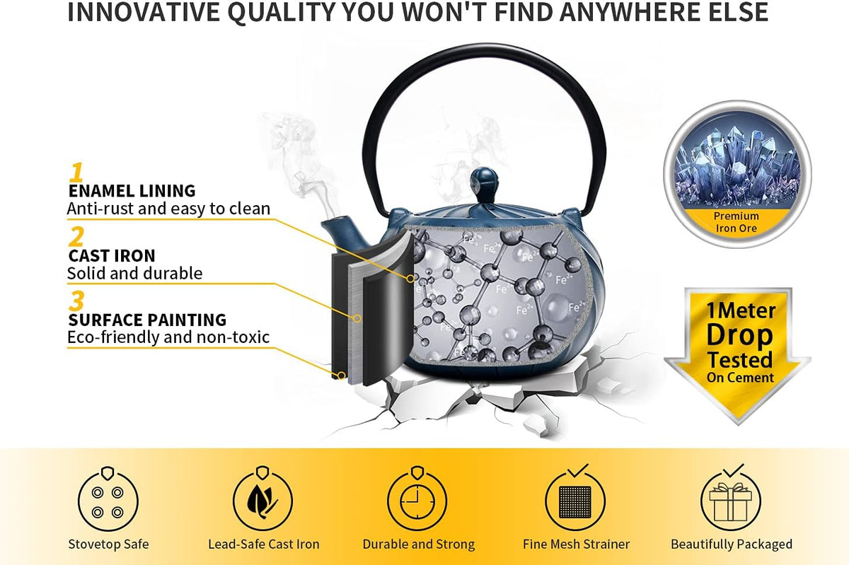 Tea Kettle, TOPTIER Japanese Cast Iron Teapot with Stainless Steel Infuser, Cast Iron Tea Kettle for Stove Top, Wave Design Teapot Coated with Enameled Interior for 30 Ounce (900 ml), Navy Blue