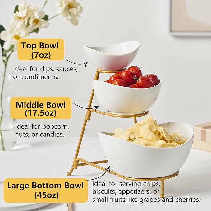 Gomakren 3 Tiered Oval Serving Bowl with Collapsible Metal Rack, Chip and Dip Serving Set, Dessert Appetizer Bowl Set (45oz / 17.5oz / 7oz), White Serving Bowls For Entertaining (Gold Stand)