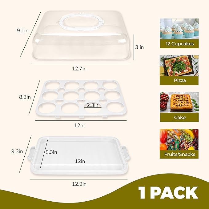 NPLUX Cupcake Containers with Lid Rectangular Cake Carrier 3-in-1 Multipurpose Cupcake Holder for Muffins Pies Sweets Pastries Fruit or Snacks (White, 13" x 9" x 4")
