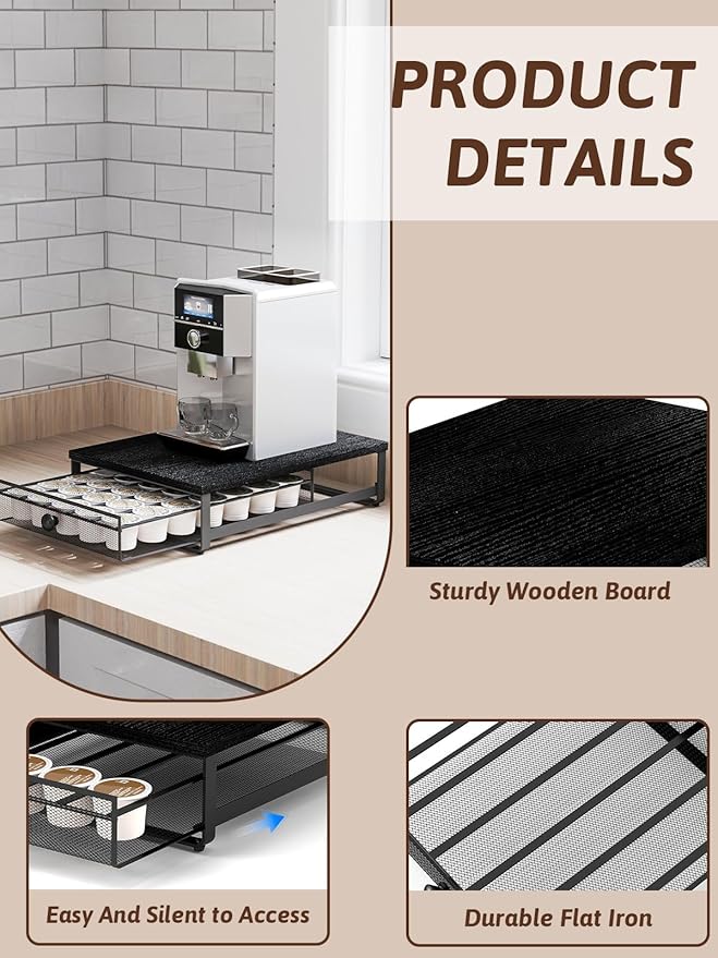 Sedegn Coffee Pod Holder Counter Coffee Vertuo Capsules Storage Organizer with Sliding Drawer Compatible For 35 K-Cup Pods No Assembly Needed Black