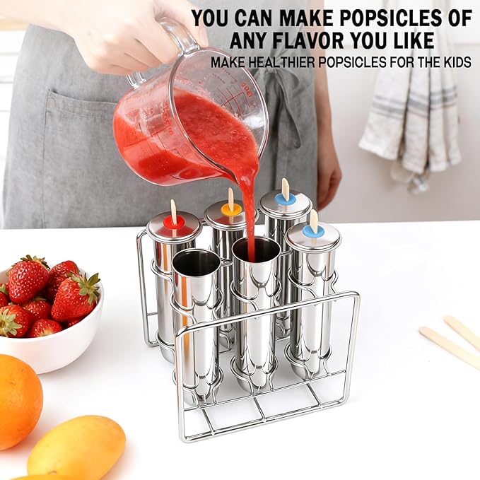 Stainless Steel Popsicle Molds Set 6 Pieces Ice Pop Maker, Homemade Popsicle Molds Maker with 50 Sticks, 20 Bags, 14 Silicone Seals, 1 Cleaning Brush and 1 Stand, DIY Ice Pop Mold for Kids (Round)