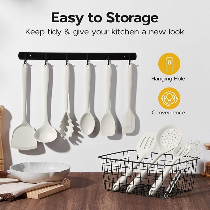 Onader Kitchen Cooking Utensils Set of 10, Silicone Utensils Set for Cooking, Includes Non Toxic Turner Spoon Spatula Whisk Pasta Server - White