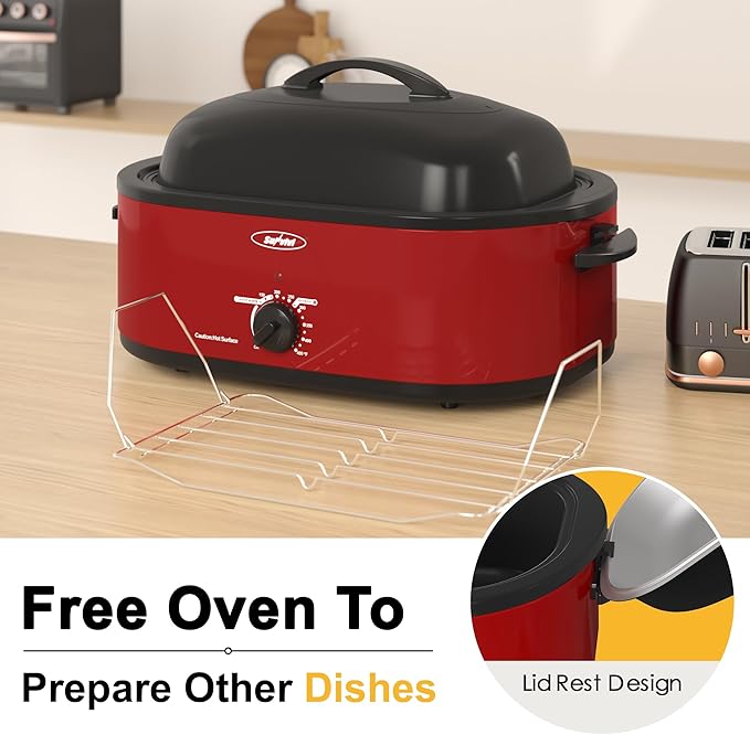 Sunvivi Roaster Oven with Self-Basting Lid,20 Quart Electric Roaster with Removable Pan & Rack,150-450°F Full-Range Temperature Control with Defrost/Warm Function,Stainless Steel,Red