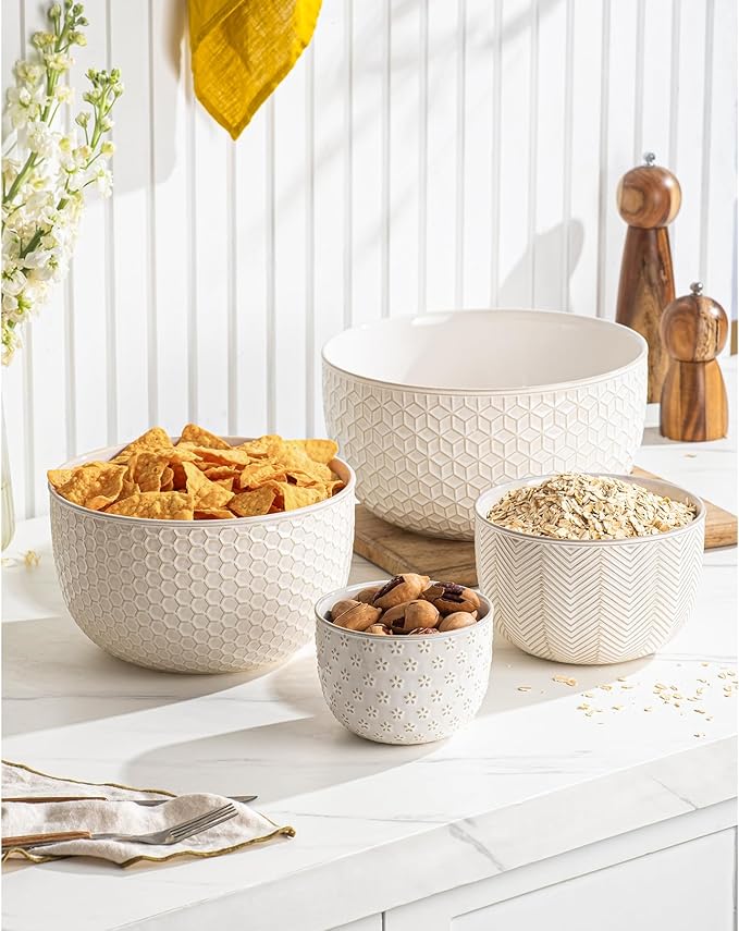 Ceramic Mixing Bowls, Embossed Nesting Bowls Set of 4, Mixing Bowl Set for Serving, Baking, Cooking and Gift, Microwave and Dishwasher Safe, 20/47/99/148 oz, Off-White