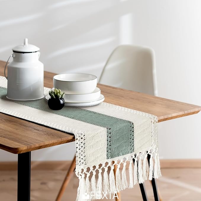 FEXIA Sage Green Table Runner 90 Inches Long with Tassels Boho Macrame Farmhouse Table Runners for Home Decor Party Bohemian Rustic Bridal Shower Dining Decor (12x90 Inches)