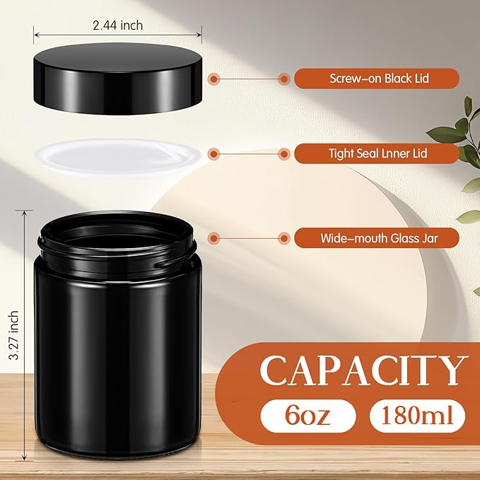 Domensi 24 Pcs Bulk 6oz Glass Jars with Lids Leakproof Round Airtight Empty Cosmetic Jars with Inner Liners Lid for Storing Lotions Spices Ointments Food Storage (Black)