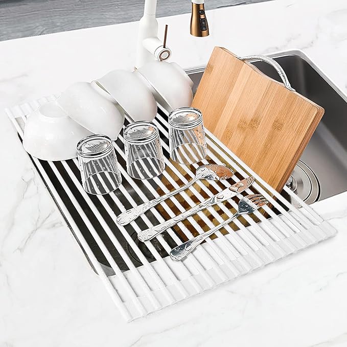 MERRYBOX Roll Up Dish Drying Rack, Silicone Wrapped Over The Sink Dish Rack Foldable Dish Drainer Anti-Slip Dish Racks for Kitchen Counter, Multipurpose Kitchen Sink Drying Rack, 18" x 13", White