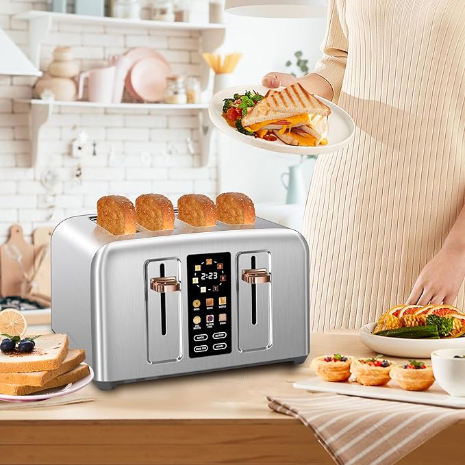 SEEDEEM Toaster 4 Slice, Stainless Toaster & Touch Control, LCD Display, 6 Bread Type, 7 Shade Settings, 1.5'' Wide Slots, Cancel/Defrost/Reheat, Removable Crumb Tray, 1800W, Silver Metallic