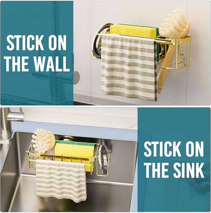 TAILI 4-in-1 Sponge Holder for Kitchen Sink with Strong Suction Cup Removable, Rustproof Stainless Steel Sink Caddy for Sponge, Brush, Scrubber, Scraper -Gold