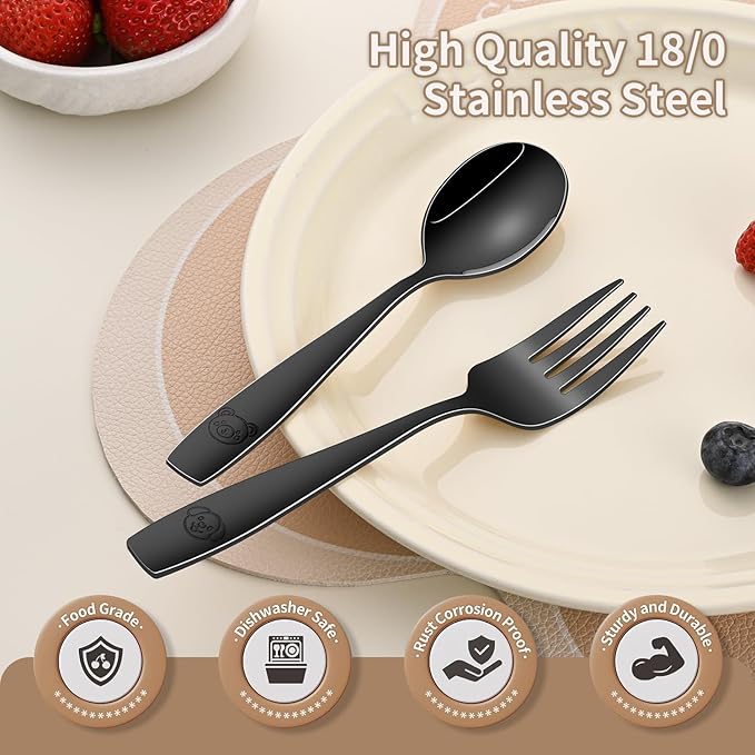 DEHOV Black Toddler Eating Utensils Set,Set Of 12 Food Grade Stainless Steel Silverware Sets For Kids,Dishwasher Safe Children Small Metal Spoons And Forks Flatware Sets