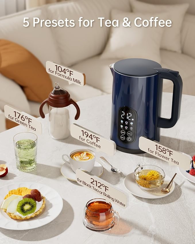 Electric Kettle with Temperature Control, 1.7L Stainless Steel Hot Water Kettle, 5 Presets for Tea & Coffee, 2H Keep Warm, Fast Boil, Auto Shut-Off & Boil-Dry Protection, Cordless Tea Kettle,Blue