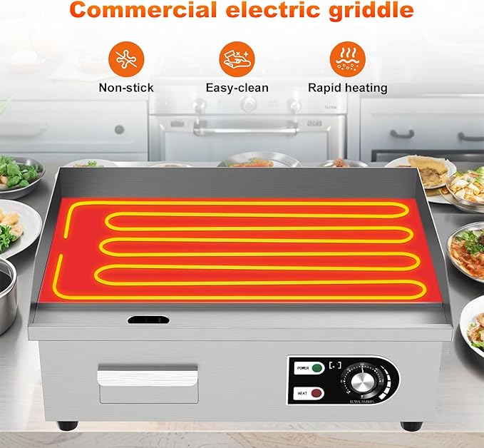 18’’ Commercial Electric Griddle - Electric Cast Iron Griddle w/Stainless Steel Material and Non-Stick, 110V Commercial Griddle w/ 1/2" Thick Iron Cooking Plate for Indoor and Restaurant