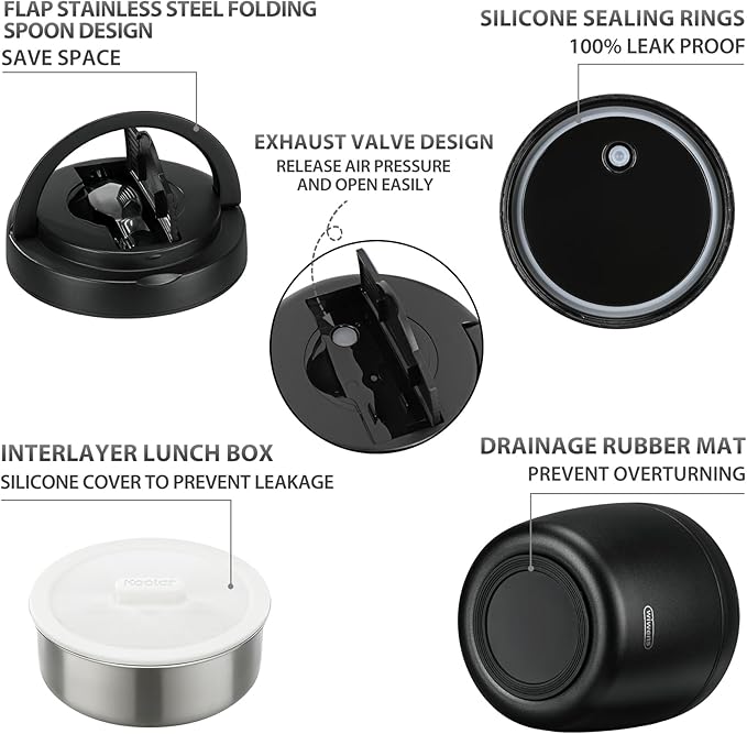 wiwens Thermo Food Jar for Hot Food Adults 32OZ Soup Thermo Lunch Containers Wide Mouth Vacuum Insulated Stainless Steel Leakproof Bento Box with Spoon (Black)