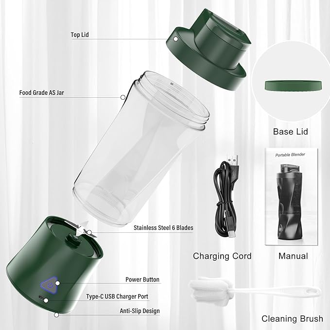 Portable Blender, 360W Personal Blender for Shakes and Smoothies for Kitchen, 24 Oz BPA Free Traveling Juicer Cup and Lid with 6 Blades, Self Cleaning Portable Juicer for Kitchen/Travel/Gym, Blue