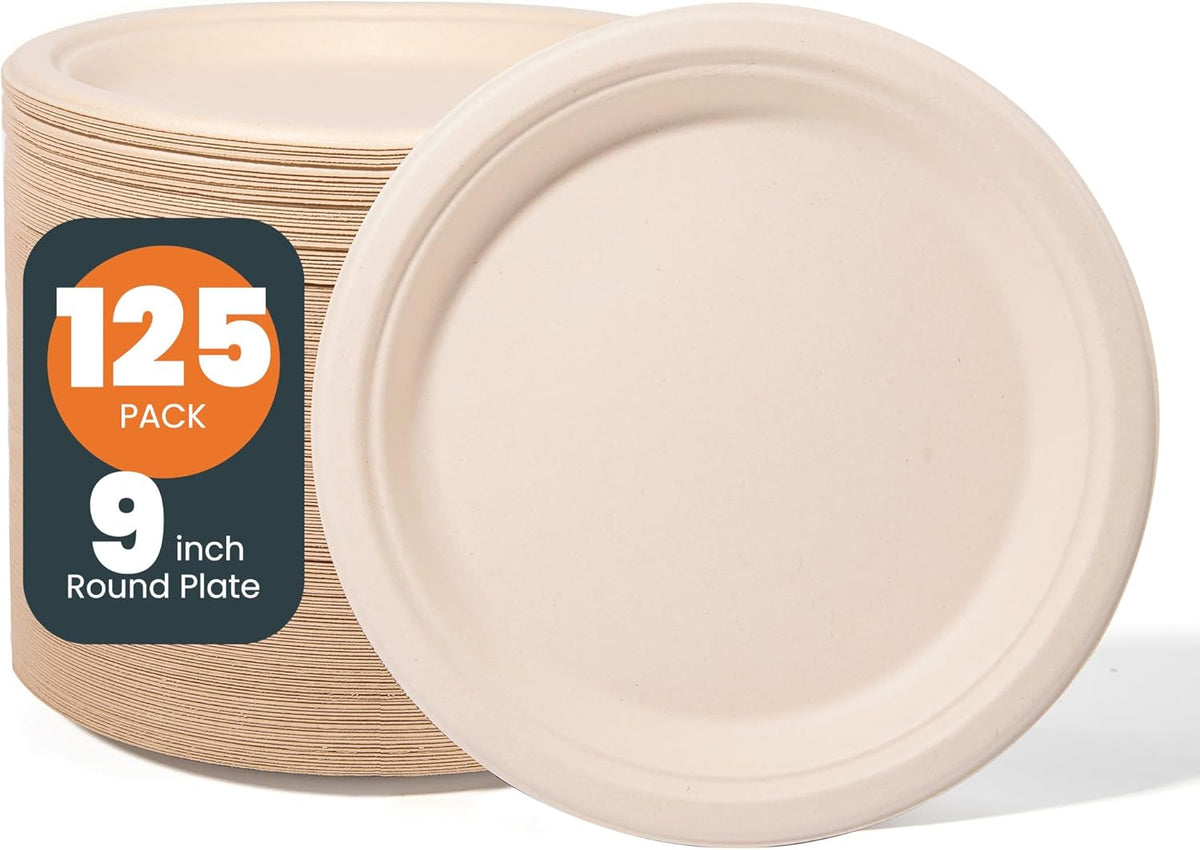 100% Compostable Plates - Disposable, Heavy Duty, Biodegradable, Eco-Friendly (Natural, 9 inch, 125-Count)