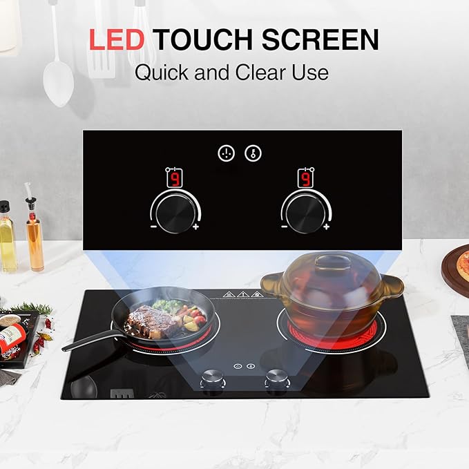 4000W Electric Cooktop: 24" Electric Stove 2 Burner Hot Plate Double Burner, Knob Control Countertop & Built-in, 9 Power Levels, Child Lock, Timer, Suitable for All Pans