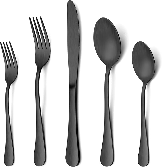 LIANYU 60 Piece Matte Black Silverware Flatware Set, Stainless Steel Satin Finish Black Flatware Cutlery Set for 12, Fancy Kitchen Utensil Tableware for Home Restaurant Party, Dishwasher Safe