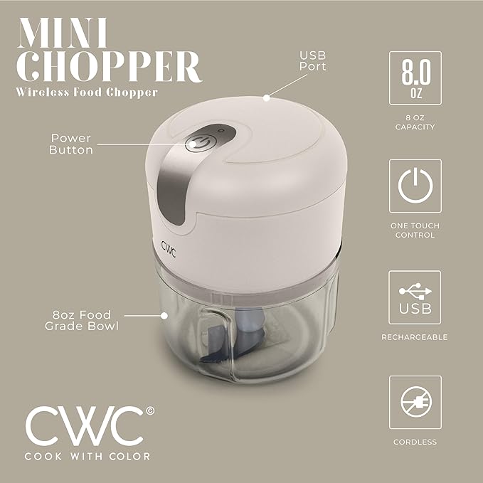 COOK WITH COLOR Wireless Food Chopper - Effortlessly Chop, Great for Garlic, Ginger, Herbs, Chili, Minced Meat, Onions, 8 Oz, Creme