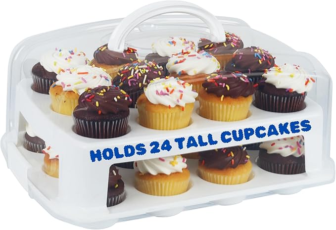 Extra Tall Cupcake Carrier 24 Count, 24 Cupcake Holder with Lid -Spacious 3.5” Tall Tiers Accommodate 24 Tall Frosted Cupcakes, Won't Smush! Cupcakes Containers Muffin Storage Container/Muffin Holder