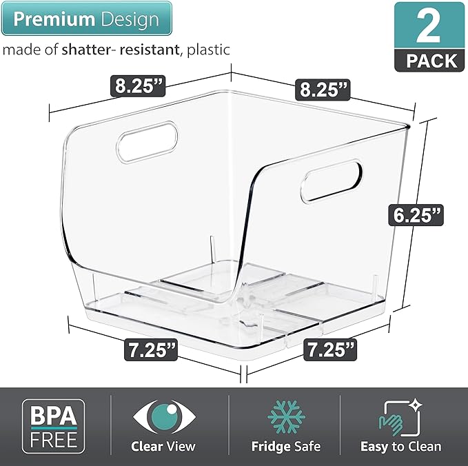 Sorbus Stackable Storage Bins Open Front, Clear Stackable Storage Bins, Pantry Bins for Storage and Organization, Acrylic Stackable Bins for Kitchen, Clear Pantry Organizer Bins (Medium Square 2 Pack)