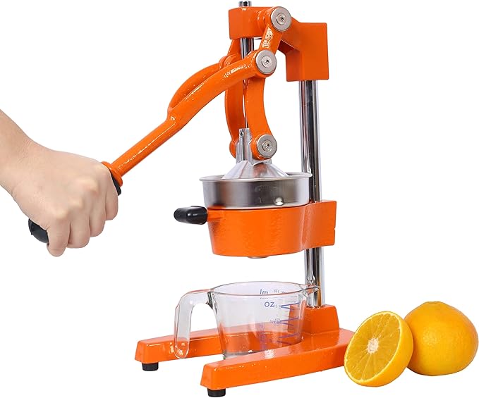 【Cast Iron Citrus Juicer】Commercial Grade Manual Orange Juicer, Heavy Duty Hand Press Juicer for Orange Lemon Lime, Extra Large Countertop Juice Squeezer, Easy Clean (Orange)