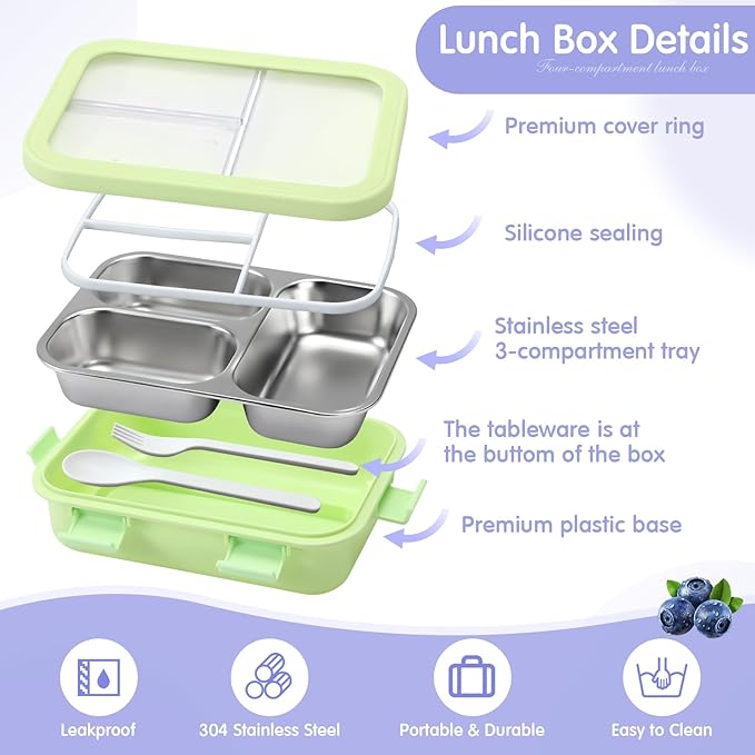 LemonRoad 3 Pcs 304 Stainless Steel Bento Box 24 oz Metal Lunch Box with Spoon Fork 3 Compartment Transparent Lid Dishwasher Safe Leakproof Food Fruit Snack Container for Office Travel (Pastel)