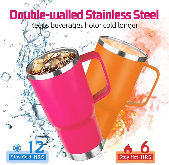 20oz Stainless Steel Insulated Handle Tumbler, Leak Proof Travel Mug with Lid and Straw, Keeps Hot/Cold for 8/12 Hours, Set of 4