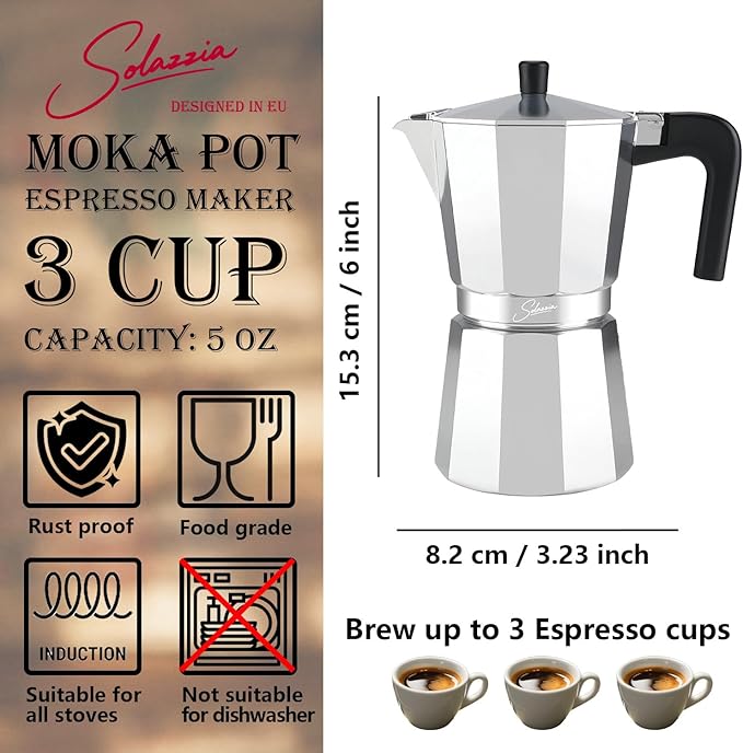 3 Cup Stovetop Espresso Maker Italian Moka Pot, Stove Top Cuban Coffee Maker, Greca Mocha Pot(Basic, 5 oz/150ml)