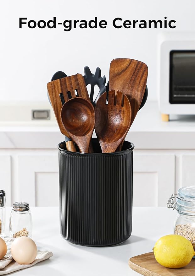 LoeJan Utensil Holder, Extra Large Utensil Crock, Stable Ceramic Utensil Organizer, Cooking Tool Organizer Set for Kitchen Counter Farmhouse Decor (F-6.7" Black)