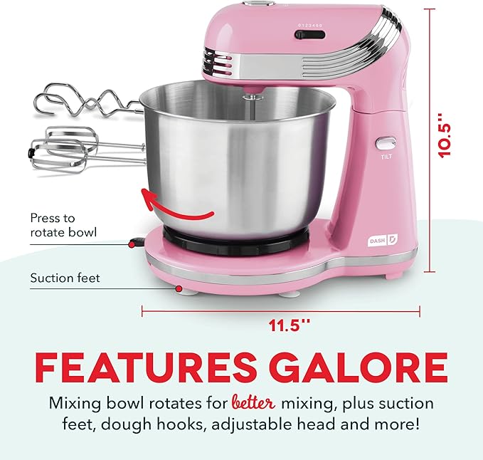 Dash Stand Mixer (Electric Mixer for Everyday Use): 6 Speed Stand Mixer with 3 Quart Stainless Steel Mixing Bowl, Dough Hooks & Mixer Beaters for Dressings, Frosting, Meringues & More - Pink