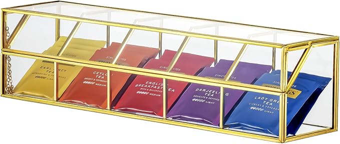 NCYP Glass Tea Bags Organizer with 5 Grids Compartments, Indoor Counter Top Brass Display Case with Lid, Storage Box, Gold, Decor, Teabag Storage, 14.5 x 3.6 x 3.66 Inches (Glass Box Only)