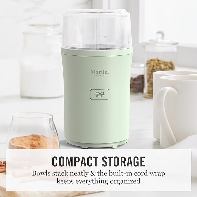 Martha Stewart Electric Coffee & Spice Grinder, Dual 2.5oz Removable Bowls, Storage Lids, Stainless Steel Blades, One Touch Pulse Control, 2-in-1 Compact, Beans & Spices, Herbs & Nuts, Honeydew Green