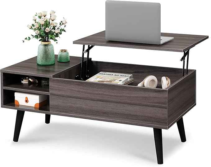 WLIVE Lift Top Coffee Table for Living Room, Small Coffee Table with Storage, Adjustable Shelf and Storage Compartment, Mid Century Modern Living Room Table, Wood, Grey