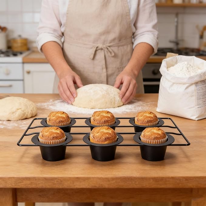 6 Cup Popover Pan, Premium Carbon Steel Easy To Clean Non Stick Cupcake Pan Round 8.9X15.9X2.2Inch Popover Cake with Wire Rack for Pudding, Muffins, Popovers
