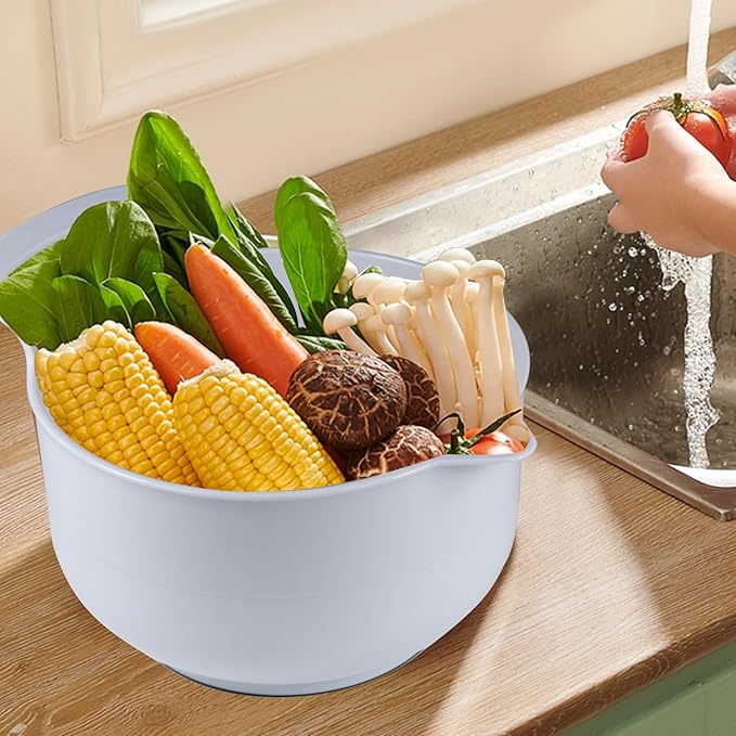 Mixing Bowls - 4 Piece Nesting Plastic Mixing Bowl Set with Pour Spouts and Handles - Non Slip Bottom and Measurement Markings (Light Gray)