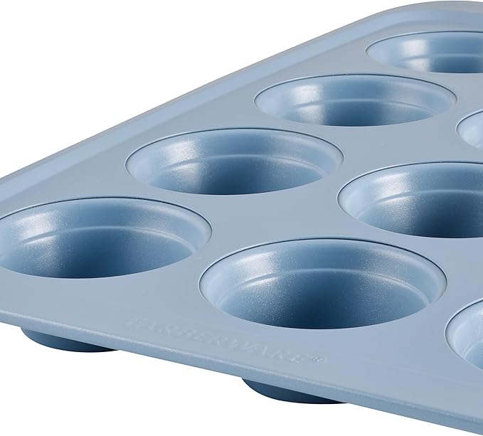 Farberware Easy Solutions Nonstick Bakeware Muffin/Cupcake Baking Pan, 12-cup with fill lines - Blue