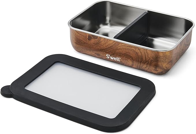 S'well Stainless Steel Bento Box, Teakwood, Fits One Large Entree Or Small Entree And Snack, Includes Removable Divider, Leakproof, Easy to Clean, Dishwasher Safe