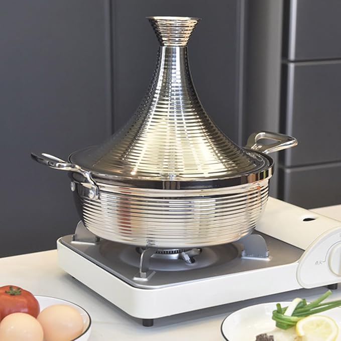 Moroccan Tagine Cooking Pot,Stainless Steel Non Stick Moroccan Casserole with 2 Handles,Large Moroccan Cooker Handmade Tagine Pot with Cone-Shaped Lid(29cm, Silver)