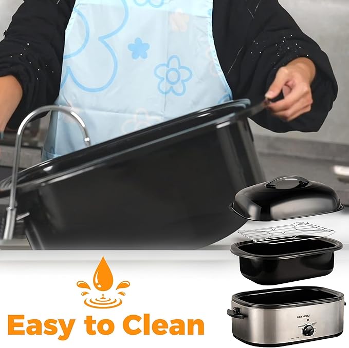 28Qt Electric Roaster Oven, with Self-Basting Lid, Removable Pan, Cool-Touch Handles, 1450W Stainless Steel Turkey Roaster Oven, Silver
