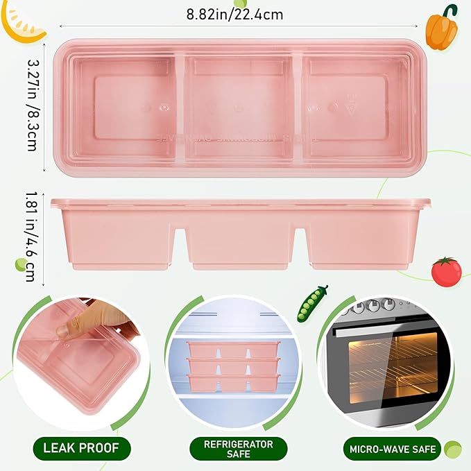 Hushee 25 Pack 17 oz Small Meal Prep Containers with 3 Compartments Snack Containers with Lid Disposable Plastic Bento Box Travel Lunch Food Boxes Stackable for Office Picnic (Pink)