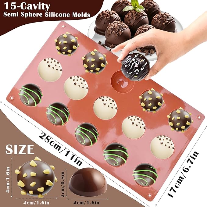 2 Pcs Chocolate Molds, 15-Cavity Semi-Sphere Non-Stick Silicone Chocolate Mold, Small Baking Baking Molds for Making Chocolate, Cake, Jelly, Mousse, Ideal Homemade Food Grade BPA Free Silicone Mold