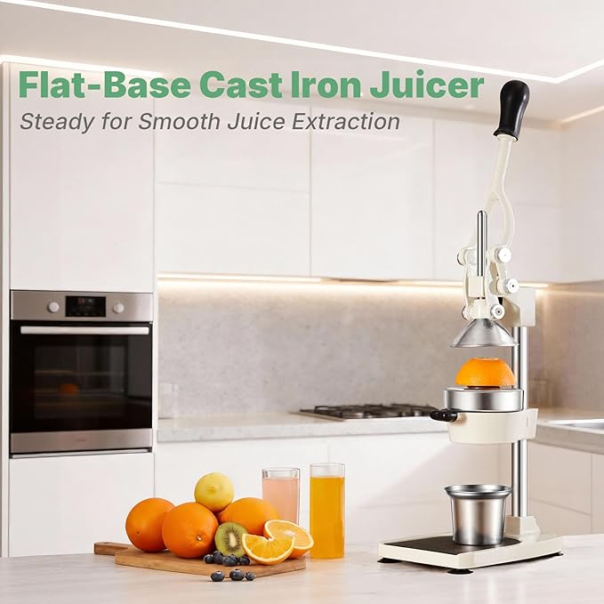 Cast Iron Juicer, 17"Tall & Sturdy Flat Base | Heavy-Duty Manual Hand Press Juicer For Orange Lemon Lime Pomegranate & Citrus, Orange Squeezer, Stainless Steel Cup, Easy to Clean, White