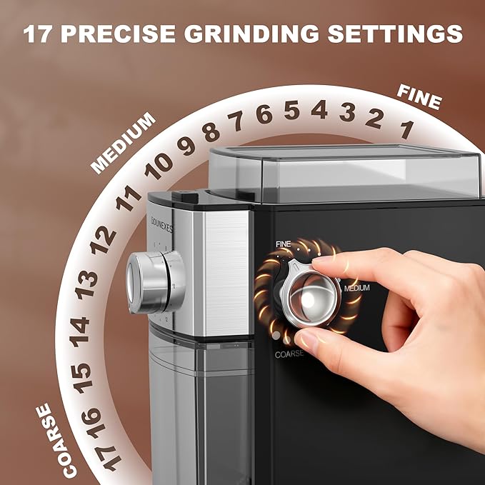 Electric Flat Burr Coffee Grinder, Compact Coffee Grinder for Home Use, Burr Mill Grinder with 17 Precise Grind Settings, 7oz Large Hopper, Removable Burr & Coffee Container